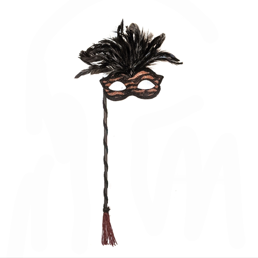 LAST ONE! Cateye Shimmer Fancy Masquerade Ball Mask on a Stick w Black Feathers